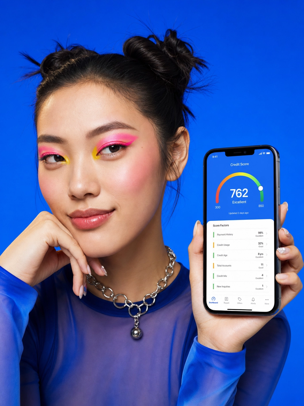 Woman checking credit score on phone